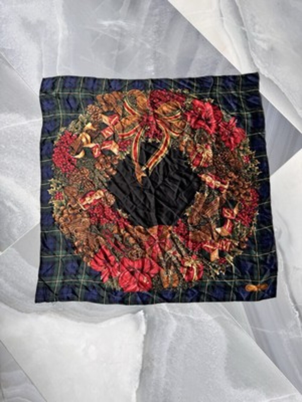Ralph Lauren Tartan Plaid Silk Square Scarf CHRISTMAS WREATH RARE! Signed 30x30